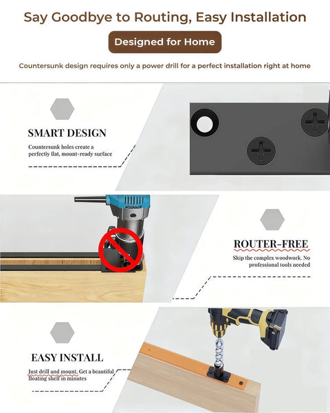 Heavy Duty Floating Shelf Brackets Set Black Metal Mantel Brackets For Hidden Shelving Mounting Decorative Floating Shelf Hardware 56x6x1 Inches Easy Drill Install shown with drill installation example