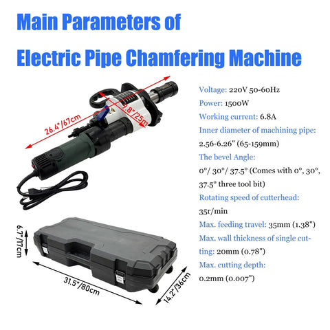 Job Site Ready Electric Pipe Beveler For Straight Shooting Weld Prep With No Sweat 0 30 375 Degree Chamfer Settings And Reliable Internal Expansion System For Tough Metal Tubing At 220V with measurements and power specifications.