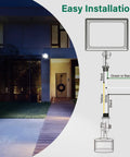 Motion Sensor Floodlight With 180-Degree Detection, Adjustable Sensitivity And Time, 60 Feet Range, 3 Modes Auto D2D Manual, Outdoor Security Light Black UL Listed, easy installation diagram shown next to house.