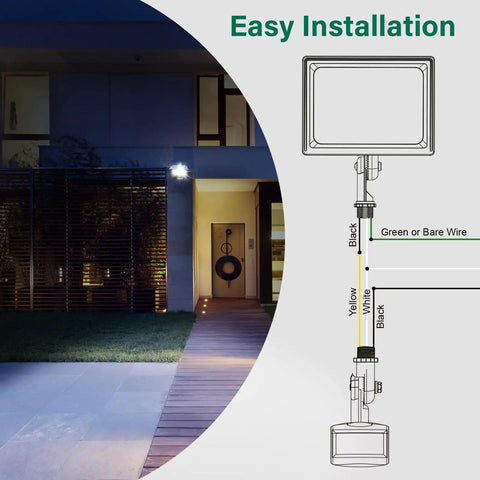 Motion Sensor Floodlight With 180-Degree Detection, Adjustable Sensitivity And Time, 60 Feet Range, 3 Modes Auto D2D Manual, Outdoor Security Light Black UL Listed, easy installation diagram shown next to house.