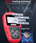 BA101 12V Car Battery Tester Digital Automotive Alternator Meter displaying test options and rapid test diagram on screen.