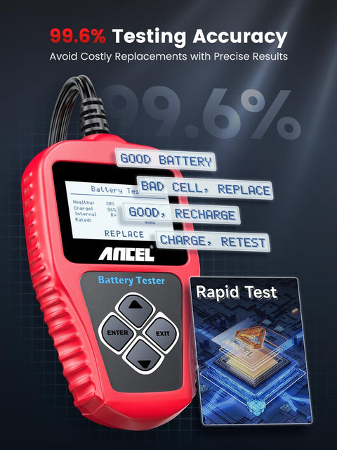 BA101 12V Car Battery Tester Digital Automotive Alternator Meter displaying test options and rapid test diagram on screen.