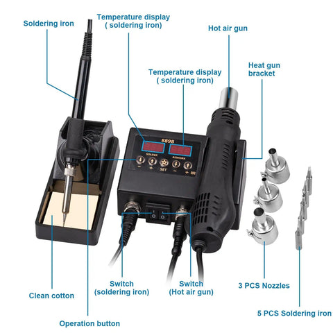 Dual Function Soldering Station With Hot Air Rework Kit 2 In 1 Digital Display Iron For Electronics Repair Portable SMD Rework Station 8898 Style Celsius And Fahrenheit Readout Auto Sleep And Easy Setup showing soldering iron, hot air gun, and accessories