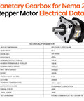 Technical specifications of 20 To 1 Planetary Gearbox Reducer for Nema 23 with image of gearbox and data table.