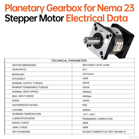 Technical specifications of 20 To 1 Planetary Gearbox Reducer for Nema 23 with image of gearbox and data table.
