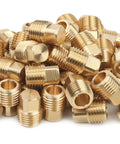 1/4 Inch Male NPT Brass Pipe Plug With Square Head, Cap For Air Water Fuel Transfer, multiple brass plugs piled together