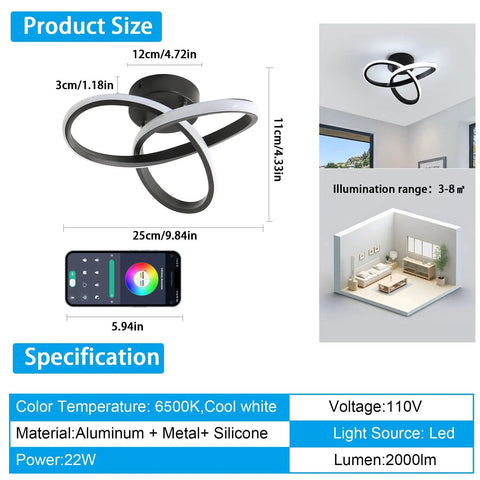 Modern LED Ceiling Light 22W Spiral Design Fixture 6500K Cool White 2000 Lumens Flush Mount with size and specifications