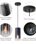 Two Pack Adjustable Black Gradient Glass Pendant Lights With Matte Black Finish showing components and features