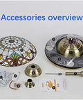 42 Inch Ceiling Fan With Light And Remote Featuring Four Slick Retractable Tiffany Chandelier Blades accessories overview with components laid out.