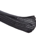 Black Ten Foot Half Inch Split Cord Protector Wire Loom Sleeve for USB, Power, Audio, and Video Cables, close-up view.