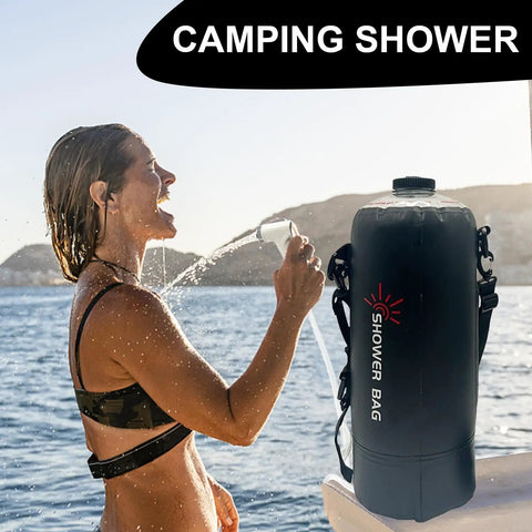 Person using Foldable 12L Solar Heated Camping Shower Kit With Removable Hose And Showerhead For Beach Trips Hiking Travel And Outdoor Adventures Eco Friendly Hot Water On The Go