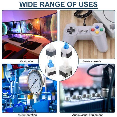 Self Locking Mini Button DPDT Switch Kit With Caps 80Pcs Micro Push Buttons next to gaming and computer setup.