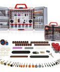 Shall 508-piece rotary tool accessory kit in red carrying case with assorted sanding, cutting, grinding bits.