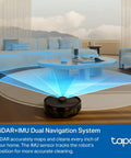 Smart LiDAR Robot Vacuum And Mop With Self Emptying Dock Crazy 5300Pa Suction 97 Percent Dust Pickup Custom Clean Modes Auto Charge Works With Alexa And Google Home RV30 Max Plus cleaning living room with LiDAR navigation.