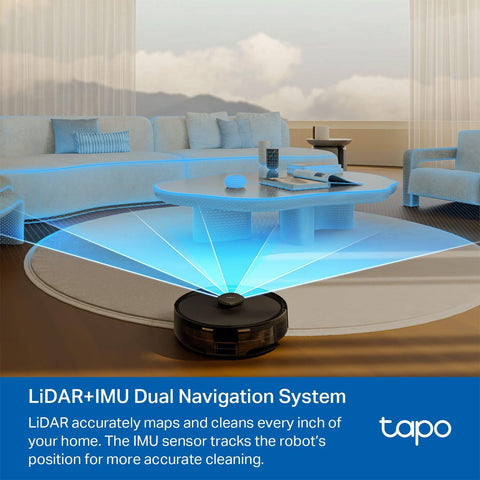 Smart LiDAR Robot Vacuum And Mop With Self Emptying Dock Crazy 5300Pa Suction 97 Percent Dust Pickup Custom Clean Modes Auto Charge Works With Alexa And Google Home RV30 Max Plus cleaning living room with LiDAR navigation.