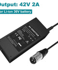 42V 2A Lithium Battery Charger For 36V E Bikes And Scooters With 3 Pin XLR Connector, black casing, output label