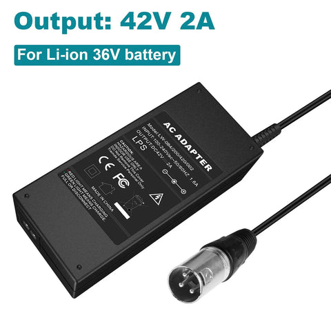 42V 2A Lithium Battery Charger For 36V E Bikes And Scooters With 3 Pin XLR Connector, black casing, output label