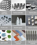 Collage of tungsten steel alloy, drill bits, optical glass, ceramic glass, quartz material, gem crystals, and semiconductor materials.