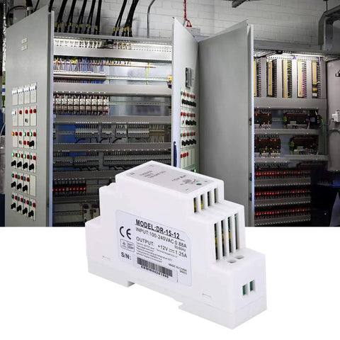 Single Output DR-15-12 DIN Rail Switching Power Supply For Industrial Control Equipment Rock Solid, Compact DIN Rail Mount PWM Modulation Low Ripple Flame Retardant Housing Heat Resistant Long Life Perfect For Control Cabinets, white plastic unit