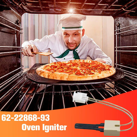 Chef placing pizza in oven with 62-22868-93 Oven Igniter shown in corner, illustrating application.