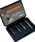 Grabit Micro 4 Piece Bolt And Screw Extractor Kit For Tiny Stripped Fasteners Ideal For PC Mac Electronics And Precision Repairs Pentalobe Compatible For Apple Devices And RC Models Made In The USA Alden in a black case, showing four extractors.