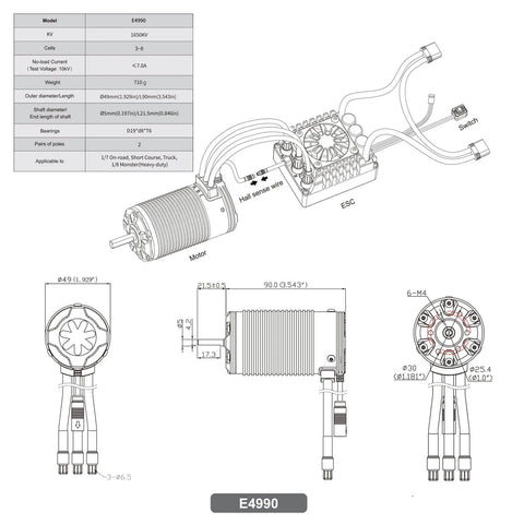 Technical diagram of Dope Sensored Brushless RC Car Motor 1650KV For 3-8S LiPo, showing dimensions and specifications.