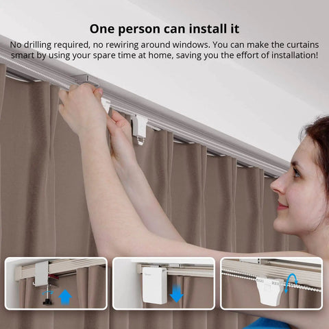 No Sweat Install Zigbee Smart Curtain Motor And Heavy Duty Electric Curtain Driver being installed on curtain rail by a user.