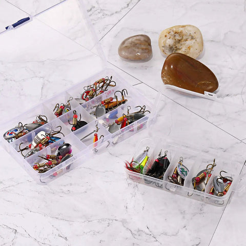 40 Piece Hard Metal Spinner Lure Kit with tackle boxes for bass pike walleye trout salmon, displayed on marble surface.
