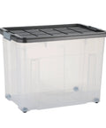 Heavy Duty Rolling Storage Bin With Secure Lid And Smooth Ride Wheels, Solid Plastic Organizer Tote For Home Or Garage, Hella Durable 80 Liter Mobile Container In Assorted Colors, clear container with secure lid.