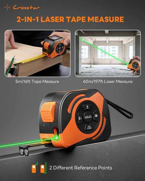 Built Tough 2 In 1 Laser Tape Measure With 197 Foot Range And Bright Green Beam Paired With A Spiffy 16 Foot Dual Sided Manual Tape Featuring Anti Reflective Matte Surface For Crack Free Sight Lines And Serious Job Site Precision