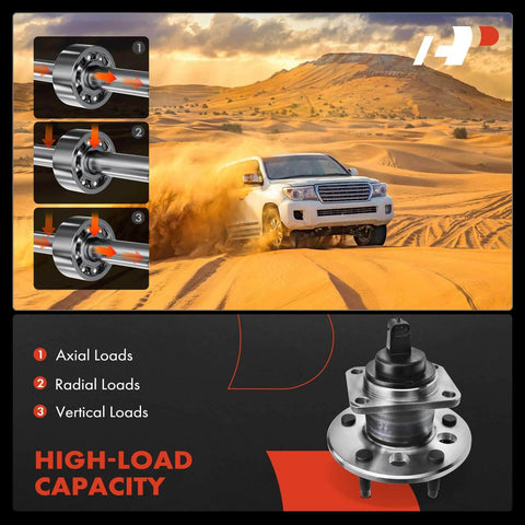 2-Pack Rear Wheel Bearing and Hub Assembly with ABS & 5-Lug, Sealed Ball Bearing Rear Hub Replacement displayed with load capacity diagram