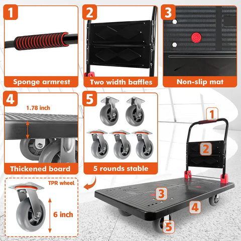 Heavy Duty Folding Platform Cart, 1600 Lbs Capacity, showing sponge armrest and non-slip mat design with swivel wheels.