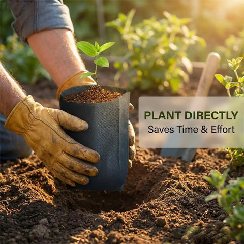 Planting a seedling in a 200 Pack Breathable Plant Grow Bags 5.5 By 6.3 Inch Biodegradable Nonwoven Seedling Pots in garden soil.