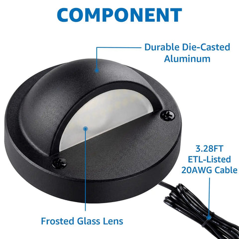 Component of 12 Pack Low Voltage LED Deck Lights With FastLock2 Connectors, durable die-cast aluminum, frosted glass, 3000K warm white