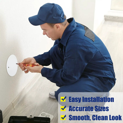 Installer using Six Pack White Round Ceiling Cover Plates With M3.5 Screws 5 Inch Blank Junction Box Covers for Fans and Ceiling Lights.
