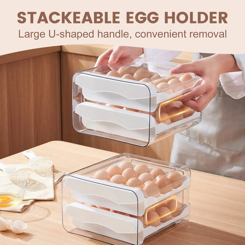 Large Capacity Egg Storage Box For Refrigerator With 2 Drawers, Clear Plastic Egg Holder Keeps Up To 32 Eggs Fresh In Fridge