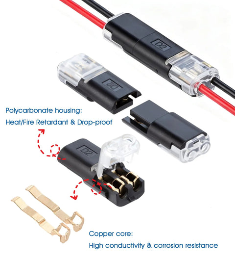 2 Pin Quick Disconnect Plug In Connector For Low Voltage 18-22 AWG Wire With Locking Buckle No Strip Solder Ready For Automotive LED Lights
