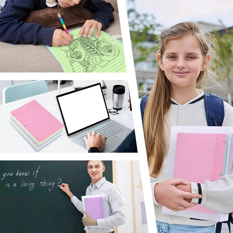 Students using Color Coded Filler Paper Pack with 500 sheets in 5 vibrant colors for wide ruled 8 by 10 and a half inch 3 hole punched.