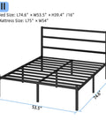 Solid As A Rock Full Size Metal Platform Bed Frame With Headboard And Footboard Featuring Steel Slats For Ultra Comfy Mattress Support No Box Spring Needed Zero Squeaks And Hassle Free Setup In Black dimensions and structure view