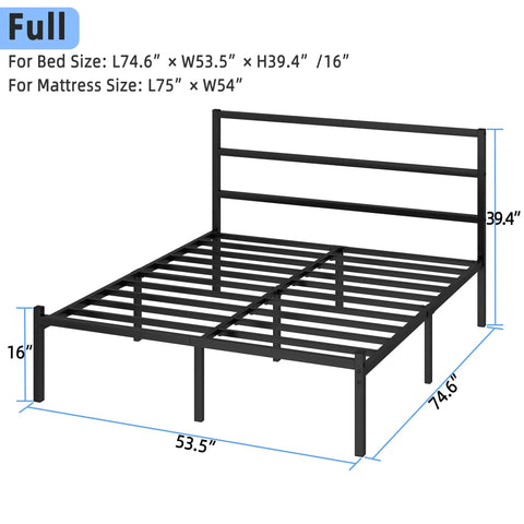 Solid As A Rock Full Size Metal Platform Bed Frame With Headboard And Footboard Featuring Steel Slats For Ultra Comfy Mattress Support No Box Spring Needed Zero Squeaks And Hassle Free Setup In Black dimensions and structure view