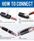 Instruction steps for using a 2 Pin Quick Disconnect Plug In Connector For Low Voltage 18-22 AWG Wire With Locking Buckle.