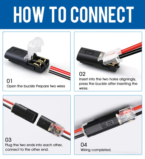 Instruction steps for using a 2 Pin Quick Disconnect Plug In Connector For Low Voltage 18-22 AWG Wire With Locking Buckle.