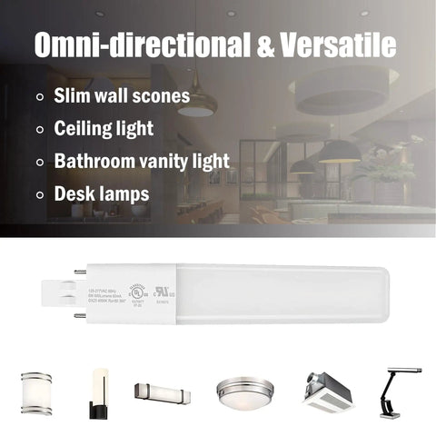 Ultra Slim 6W LED Bulbs For GX23 2-Pin CFL Replacements 5000K Cool White 360 Degree Beam Plug And Play 120-277V UL Listed Energy Efficient 2 Pack For Slim Fixtures Like Sconces And Downlights image showing bulb and compatible fixtures
