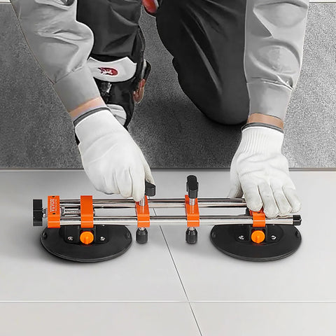 Front view: VEVOR Seamless Seam Setter 2-pack with orange clamps and chrome rails; vacuum suction cups for tile seams