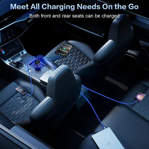 Usb C Car Charger Featuring 90W Fast Charging Multi Port Cigarette Lighter Adapter in vehicle charging front and rear seats.