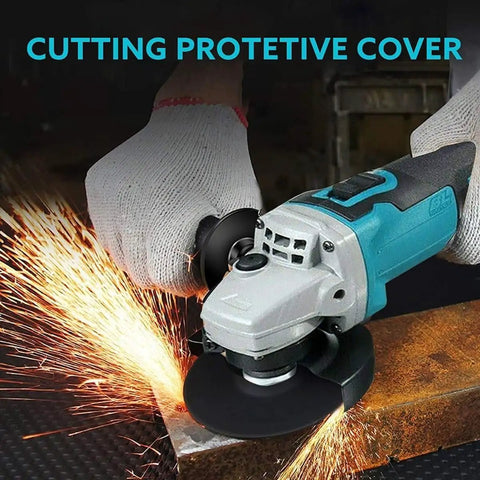 Hella Tough Corded Angle Grinder Designed For Badass Cutting Grinding And Polishing On Metal Wood Stone And Jade With Smooth Speed Control And Built In Cooling, cutting metal with protective cover.