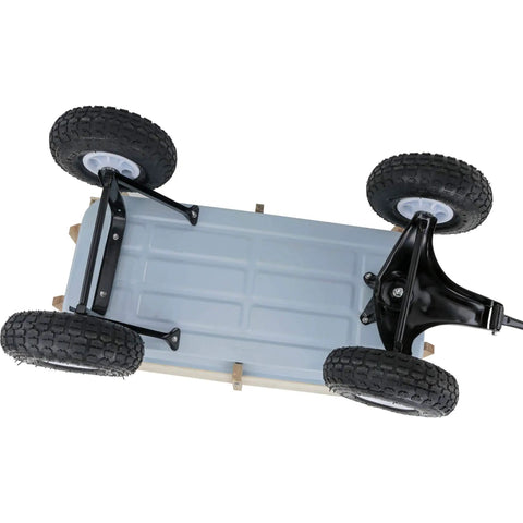 Underside view of Beefy Heavy Duty Wagon With 14 By 32 Inch Steel Box, 10 Inch Pneumatic Wheels, showing durable construction.