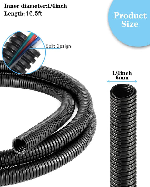 Hella Tough 1/4 Inch Split Wire Loom Tubing For Heavy Duty Cord Protection And Truck Rig Wire Management Slick Black 16.5ft length.