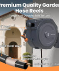 Retractable Garden Hose Reel With Auto Rewind Wall Mount 100 Feet Hose Plus 5 Foot Lead Any Length Lock Hybrid Hose For Easy Watering No Tangles No Fuss Rewind And Smooth Storage, wall-mounted dark grey reel