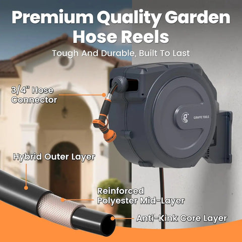 Retractable Garden Hose Reel With Auto Rewind Wall Mount 100 Feet Hose Plus 5 Foot Lead Any Length Lock Hybrid Hose For Easy Watering No Tangles No Fuss Rewind And Smooth Storage, wall-mounted dark grey reel